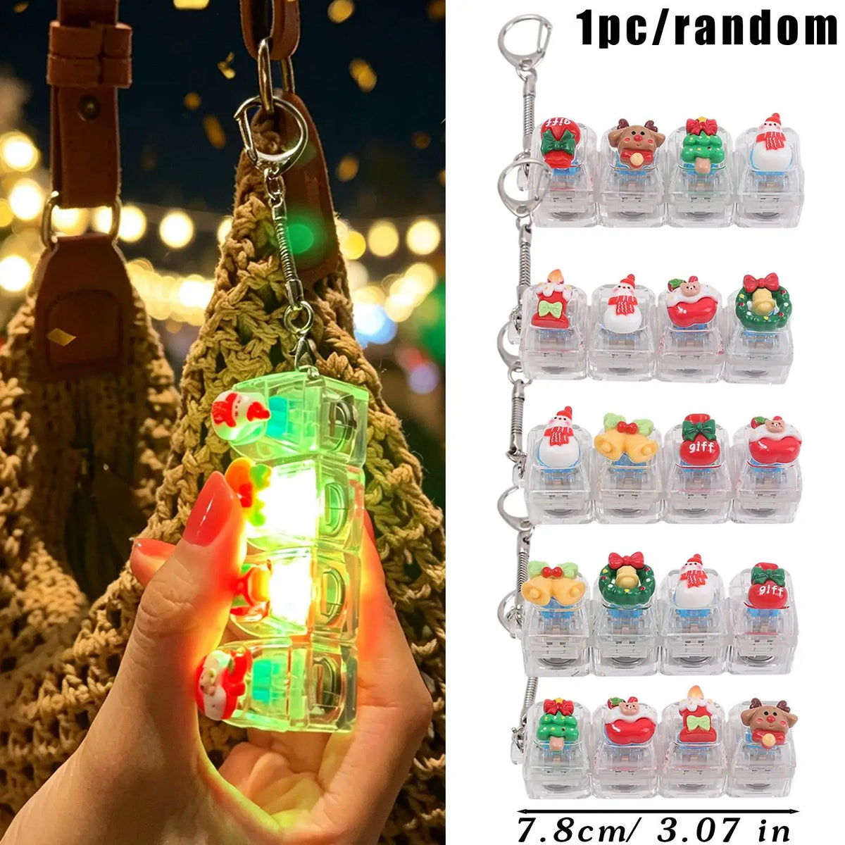1/4Key Christmas Light Up Keychain Fidget Keyboard Keycap Acrylic Clicker Stress Relief with LED for Backpack Keyring Decor Gift