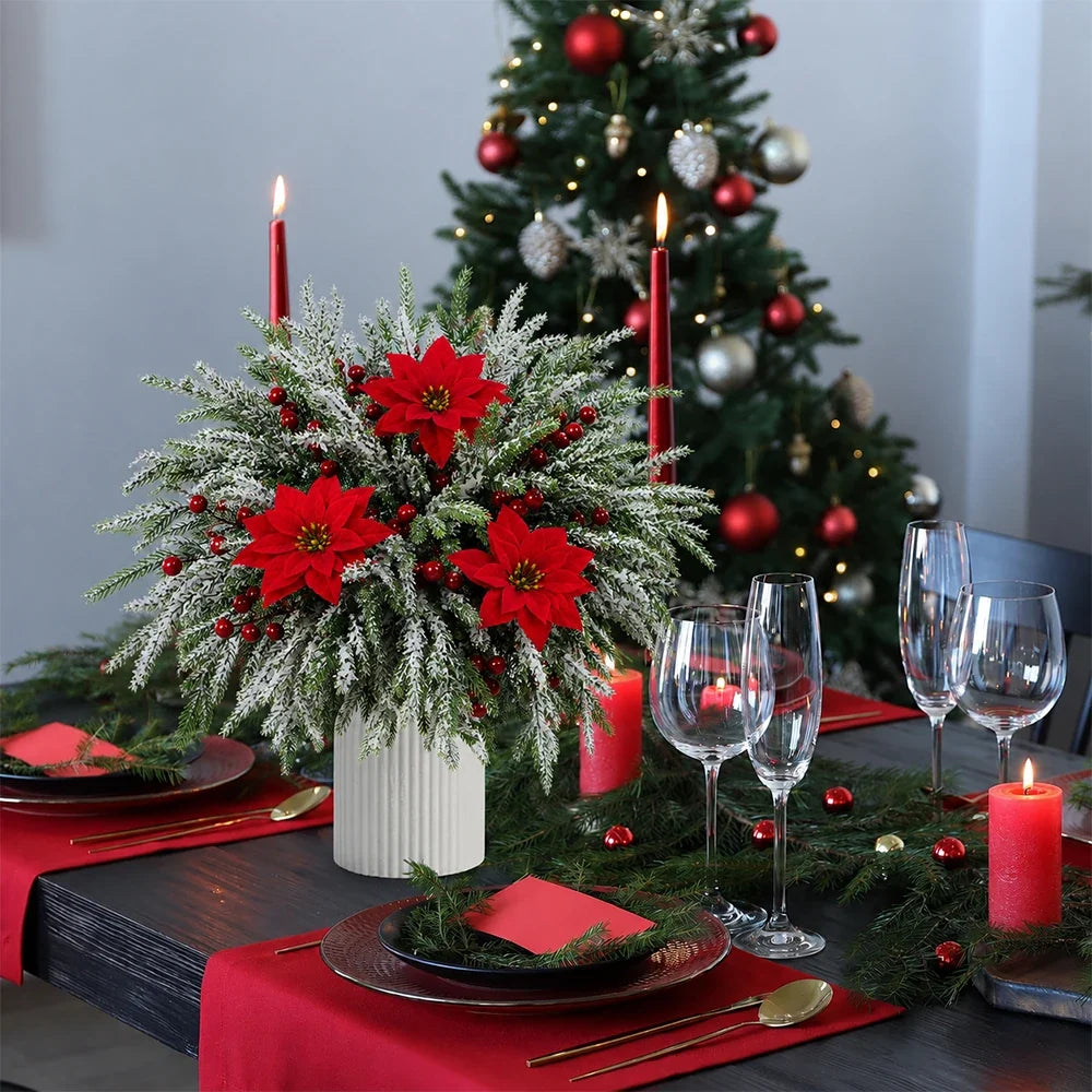 Christmas Decorations DIY 18PCS Artificial Pine Needles Red Berry Poinsettia Flowers for Winter Festival Home Party Wreath Decor