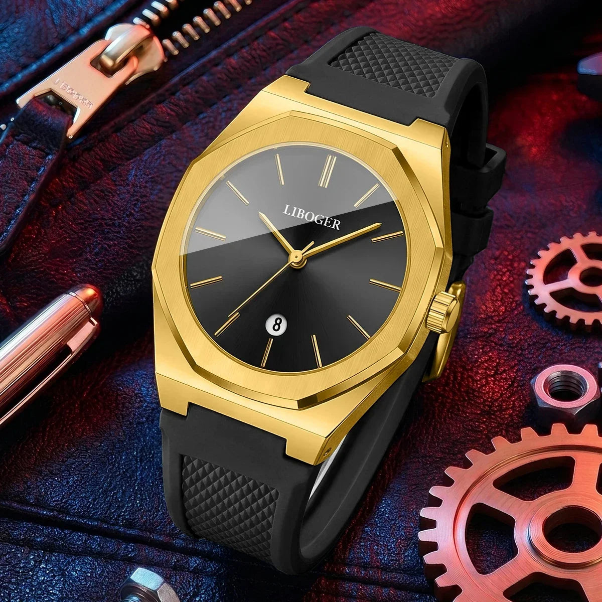Fashion Octagonal Dial Men Business Watches Simple Date Silicone Strap Quartz Sports Wristwatches Relogio Masculino（Without Box）