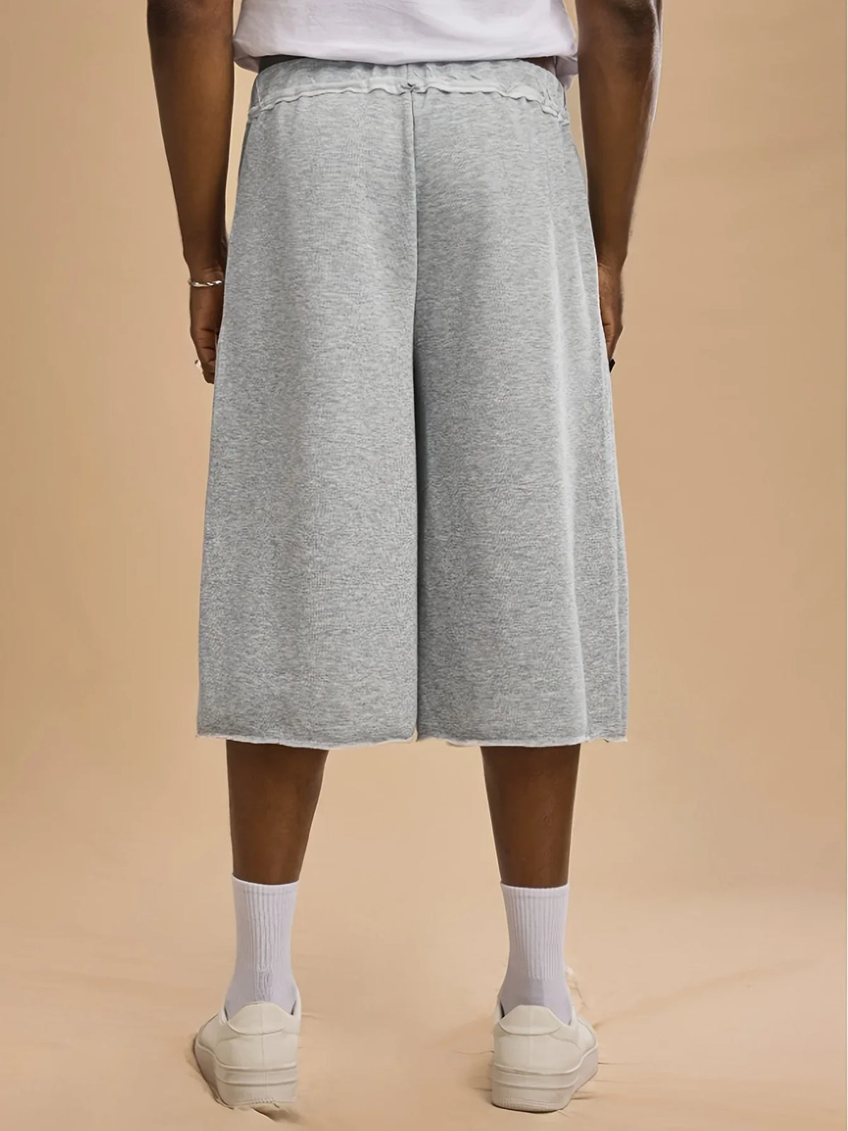 Men's Raw Hem Capri Sweat Shorts Elastic Waist Pocket Wide Leg Loose Fit Streetwear Casual Knee Length Trousers S‑2XL