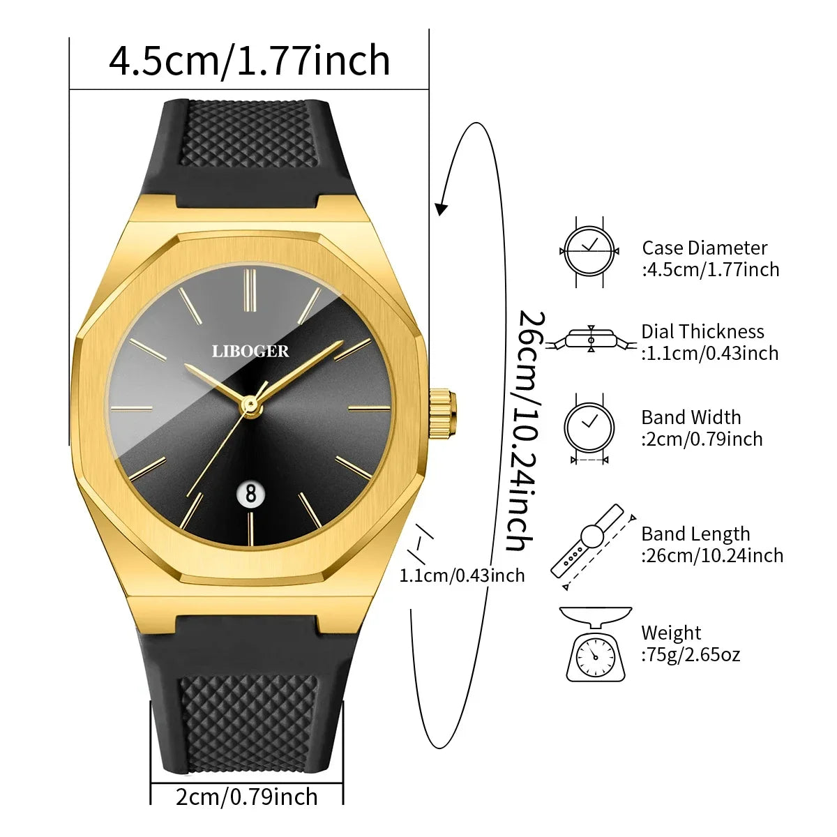 Fashion Octagonal Dial Men Business Watches Simple Date Silicone Strap Quartz Sports Wristwatches Relogio Masculino（Without Box）