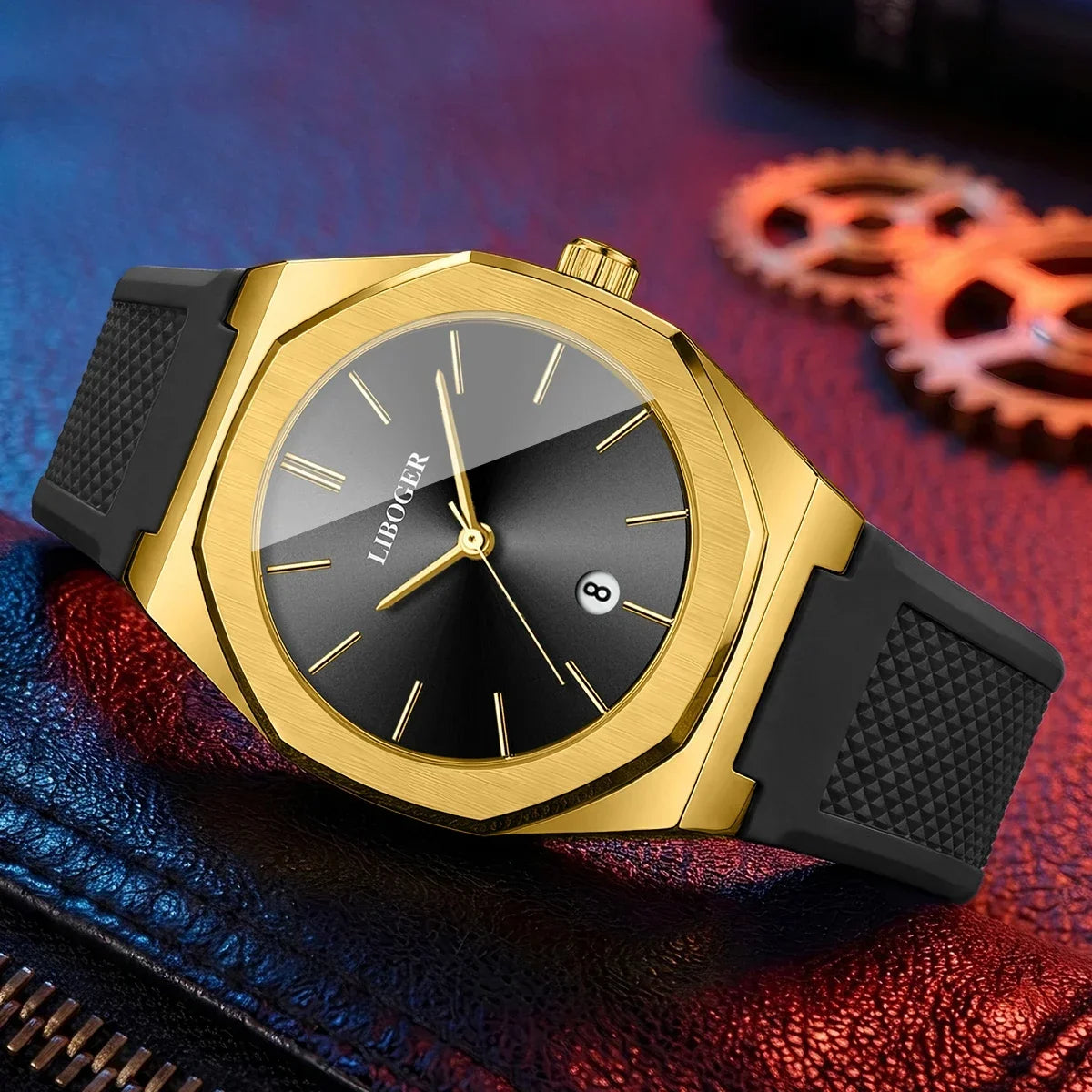 Fashion Octagonal Dial Men Business Watches Simple Date Silicone Strap ...