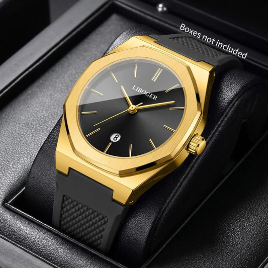 Fashion Octagonal Dial Men Business Watches Simple Date Silicone Strap Quartz Sports Wristwatches Relogio Masculino（Without Box）
