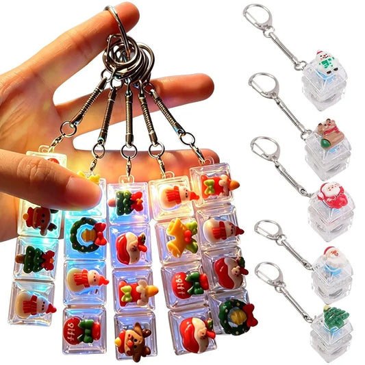 1/4Key Christmas Light Up Keychain Fidget Keyboard Keycap Acrylic Clicker Stress Relief with LED for Backpack Keyring Decor Gift