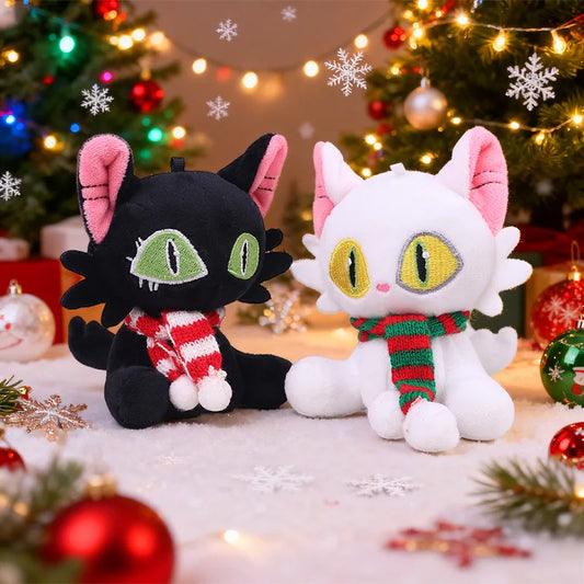 Christmas Cute White Cat Plush Keychain, Soft Stuffed Doll Pendant for Backpack Car Keys, Kawaii Small Gift, Festive Decor