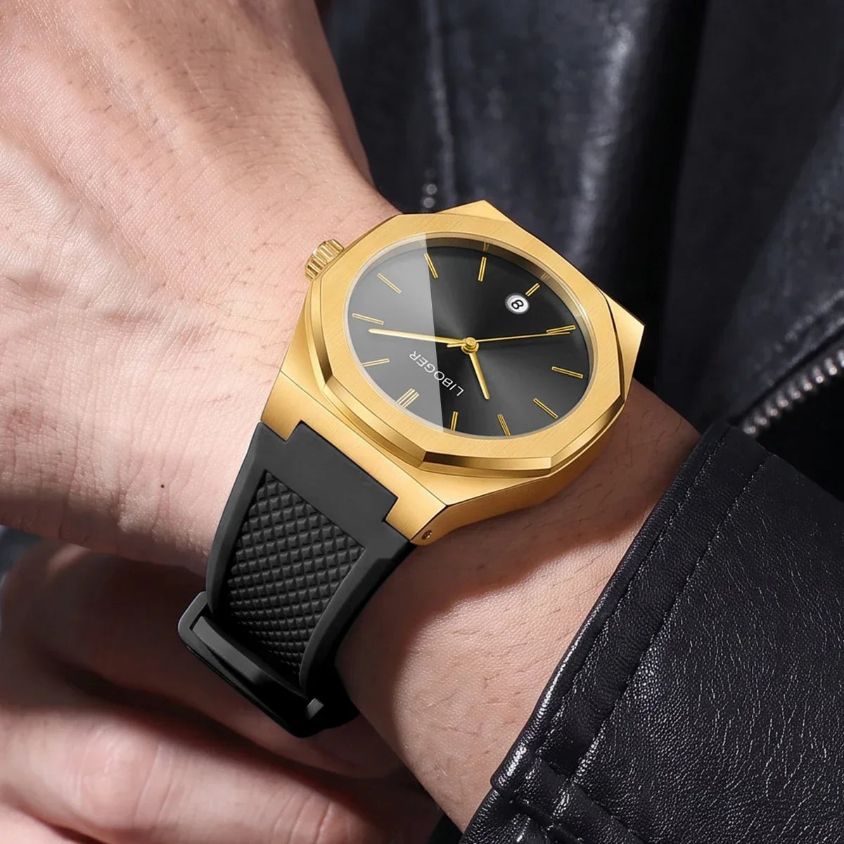 Fashion Octagonal Dial Men Business Watches Simple Date Silicone Strap Quartz Sports Wristwatches Relogio Masculino（Without Box）