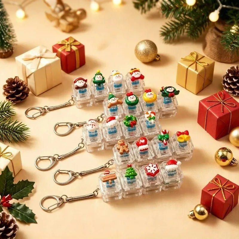 1/4Key Christmas Light Up Keychain Fidget Keyboard Keycap Acrylic Clicker Stress Relief with LED for Backpack Keyring Decor Gift
