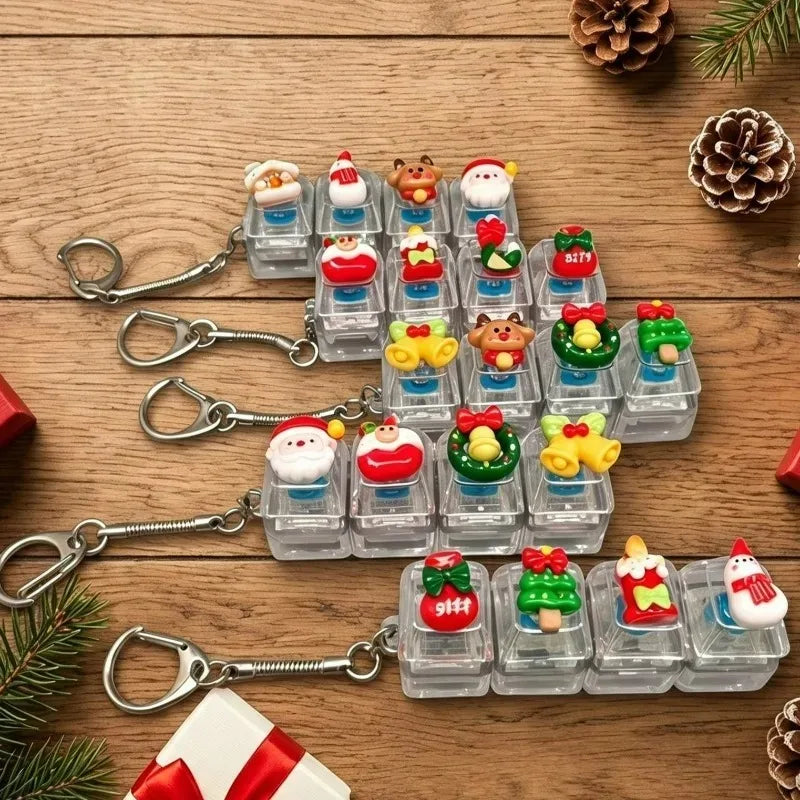 1/4Key Christmas Light Up Keychain Fidget Keyboard Keycap Acrylic Clicker Stress Relief with LED for Backpack Keyring Decor Gift